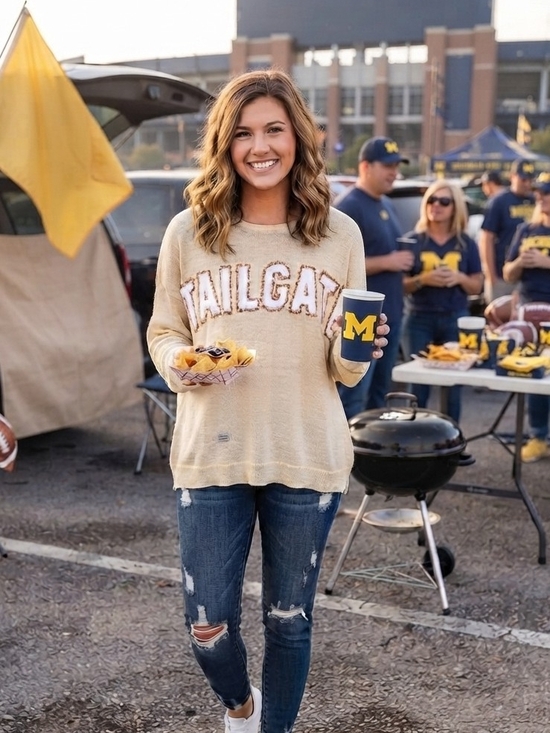 Simply Southern Sweaters - Simply Southern Cream 'TAILGATE' Crewneck Sweater